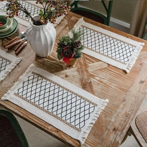 Image of HomeCloud Croshia Woven Table placemat - Heat Resistant, Washable Table Decoration for Dining, Office, Kitchen, Hotel, and Home (Rec Beige Boxes, Set of 1)