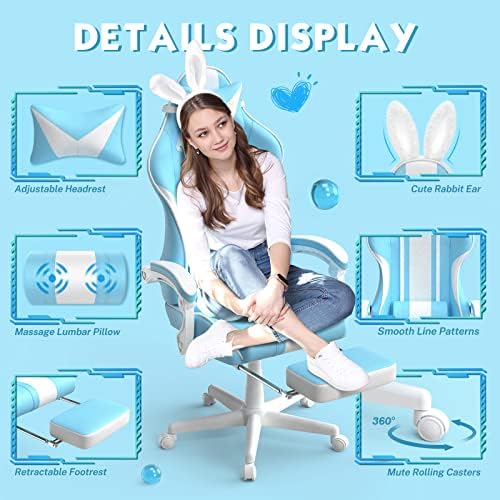 5. Bild von Ferghana Gaming Stuhl Massage Ergonomischer Gaming Sessel mit Fußstütze PC Stuhl Gaming Chair mit Kopfstütze und Lendenkissen Racing Computerstuhl mit Hasenohren Hellblau