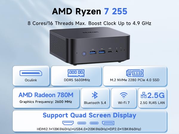 Image of Reatan AI Oculink Mini Barebone PC AMD Ryzen 7 255 (8C /16T Upgraded 8745HS) Radeon 780M NO SSD & NO RAM & NO OS 8K Quad-Screen Display Desktop Gaming Mini Computers WiFi 7 BT:5.4 Built-in Speaker