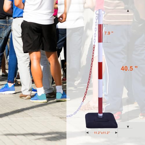 VILBLE 40” Traffic Delineator Posts with Rubber Base, Plastic Stanchion Post Set Crowd Control Barriers, Safety Cones with Plastic Chain & S Hooks for Construction Roads, Traffic Warning (4 Pack)