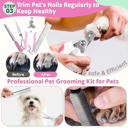 Dog Brush, 13Pcs Pet Grooming Kit with Deshedding Brush for Dogs and Dog Nail Clippers, Cat Grooming Supplies with Pet Hair Removal Gloves, Dematting Comb Brush Shampoo Scrubber for Short & Long Haired Dogs / Cats (Pink 13pcs) - Image 6