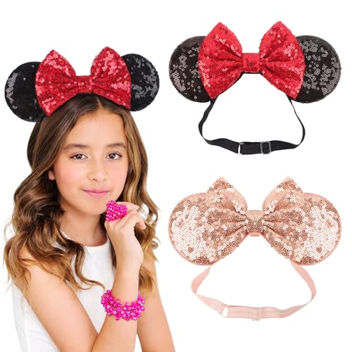 Image of DRESHOW Minnie Ears Headbands Mouse Ears Sequin Bow Headbands Elastic Adjustable Headband Glitter Party Decoration Cosplay Costume for Women
