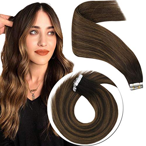 16inch Brown Balayage Tape in Hair Extensions Human Hair Darkest Brown Fading Mixed Medium Brown Balayage Tape in Hair Extensions Human Hair Invisible Skin Weft for Women 20pcs 50g