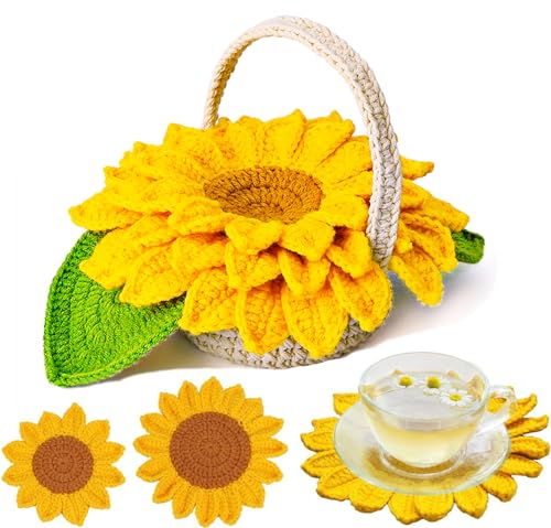 HMTRADE Crochet Kit for Beginners,Handmade Crochet Coasters,Sunflower Coaster Pot Crochet