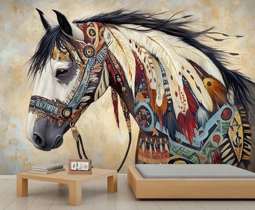 XBITUE Indian War Pony Wall Mural, Horse Painting Mural, Colorful Animal Wallpaper, Feathered Wall Mural for Living Room Office (Not Peel and Stick) - 169.3'x 118.2'