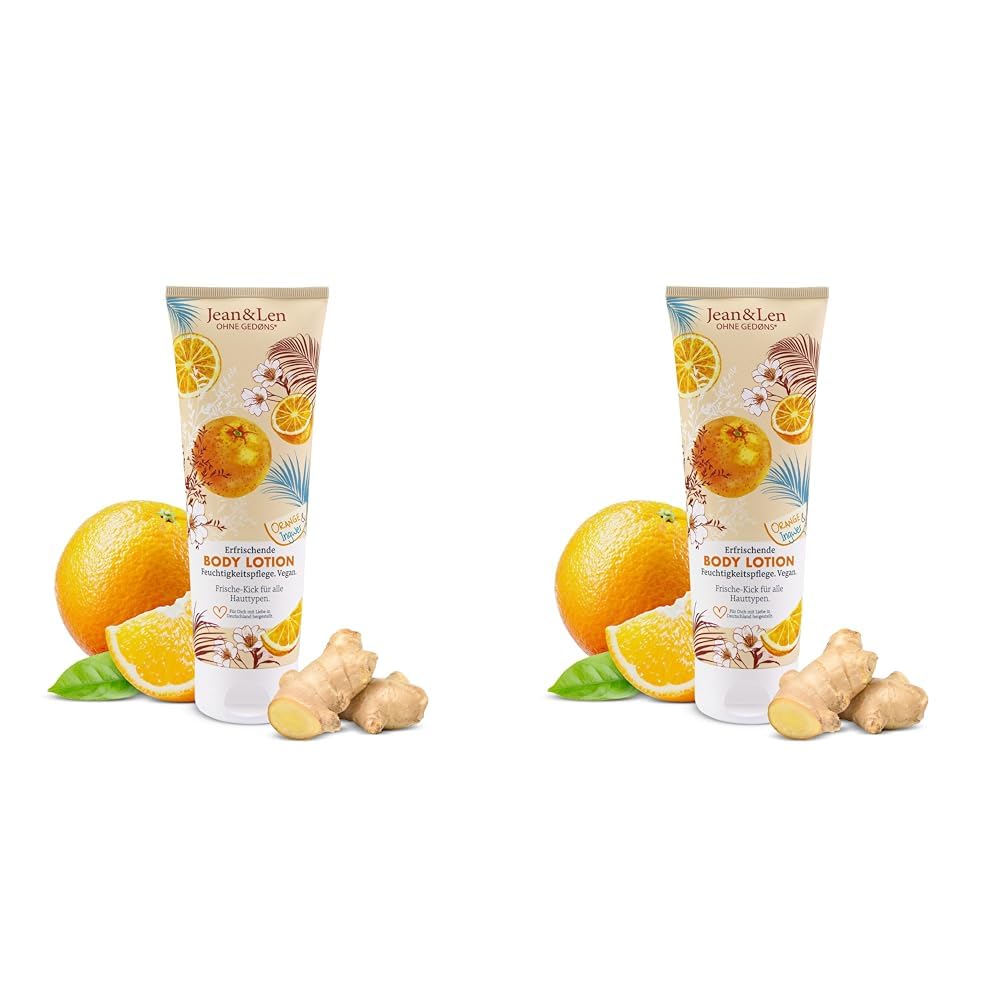 Jean & Len Body Lotion Orange & Ingwer, leichte Textur, zieht schnell ein, für alle Hauttypen geeignet, pH-hautideale Formulierung, Hautcreme, ohne Parabene & Silikone, vegan, 250 ml (Packung mit 2)