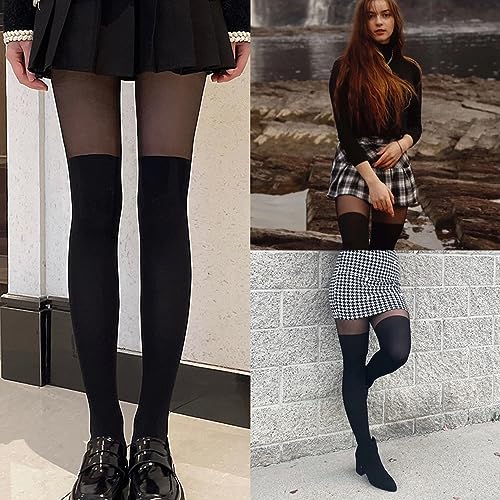 MANZI Womens Faux Thigh High Stockings Black Opaque Tights Stitching Sheer Pantyhose Mock Over the Knee Goth Tights Run Resistant Nylons