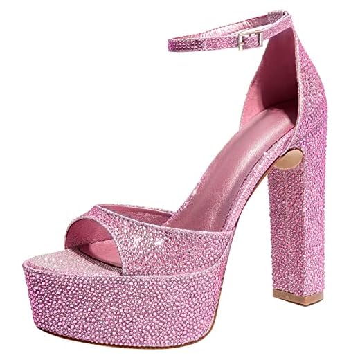FIFSY Women Rhinestone Platform Chunky High Heels Sandals Open Toe Ankle Strap Pump Shiny Wedding Party Dress Shoes US8 EU38