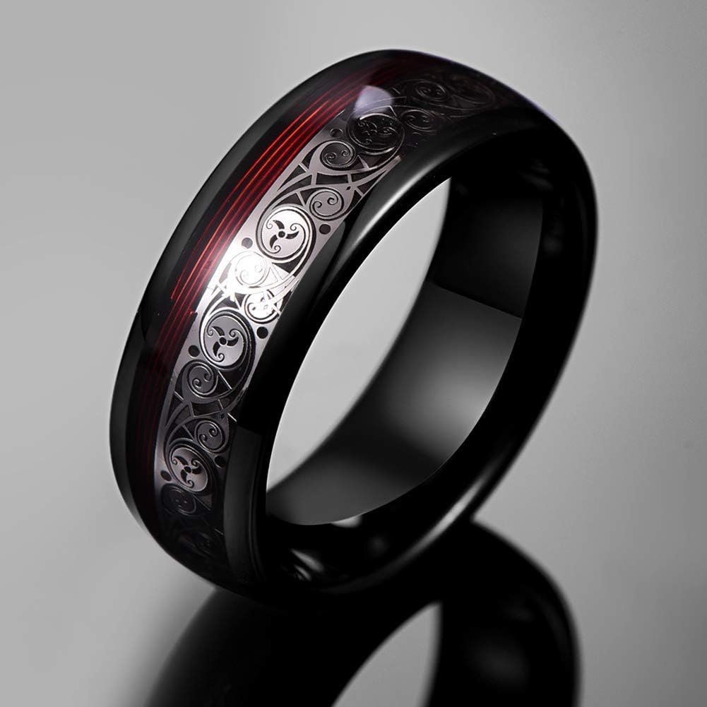 Vakki 8mm Black Tungsten Ring for Men with Celtic Spiral and Red Guitar String Inlaid Wedding Band Comfort Fit Size 7-12.5