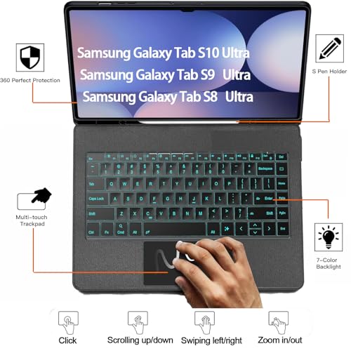 Image of for Samsung Galaxy Tab S10 Ultra Keyboard Case 14.6 inch, S Pen Holder, 7 Color Backlit Keyboard with Trackpad Detachable Sleeve Cover with Adjustable Viewing Angle Stand for Tablet S9 Ultra