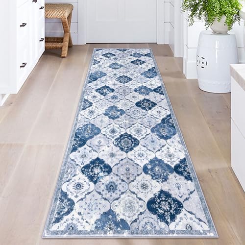 KILOCOCO 2x6 Runner Rug, Moroccan Super Soft Washable Hallway Entryway Runner Rug, Accent Print Faux Wool Kitchen Runner Rug 6 Feet Non-Slip Boho Rug Runner for Laundry Room Bedroom, Blue/Grey/Multi