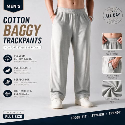 Image of MARK LOUIIS Men's Baggy Trackpants | Regular Fit Cotton Sweatpants with Drawstring Waist & Side Zipper Pockets | Oversized Casual Track Pants for Gym