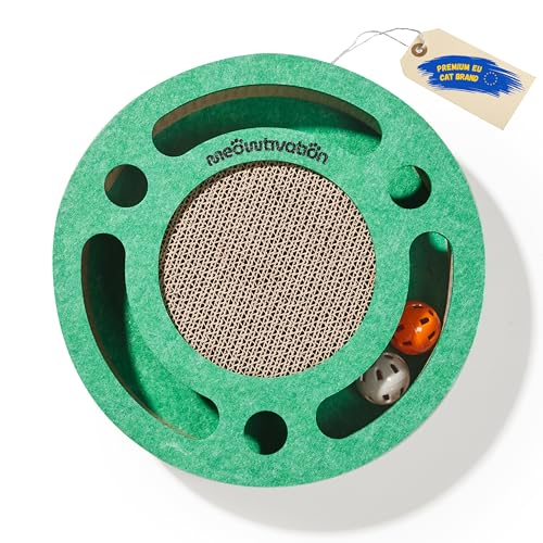 Klösbräda med bollbana och bollar med bjällra – interaktivt kattspel, klöspapp med kattmynta, klösmatta i wellpapp, kattillbehör (Grön)