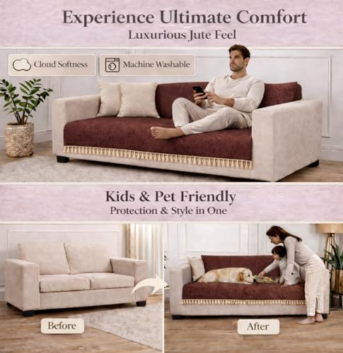 Image of STITCHNEST Jute Sofa Cover - Copper, 48x60 Inch | Soft Textured Fabric with Tassel| Full Coverage Sofa for Living Room Decor