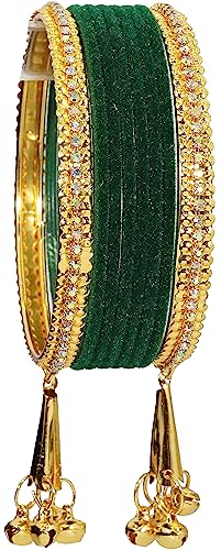 Image of NMII Metal with Zircon Gemstone and Velvet Studded Bells Latkan Bangles Set For Girls and Women I Latkan Bangles, Premium Bangle Bracelet Set I Pack of 16 Bangles