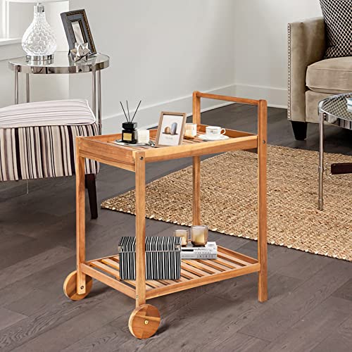 Tangkula Outdoor Acacia Wood Serving Cart, Patio Bar Cart Rolling Trolley Cart With 2 Trays, Portable Kitchen Serving Cart W/Wheels, Ideal For Business, Dining Room, Garden, Patio (Teak) #TOP3