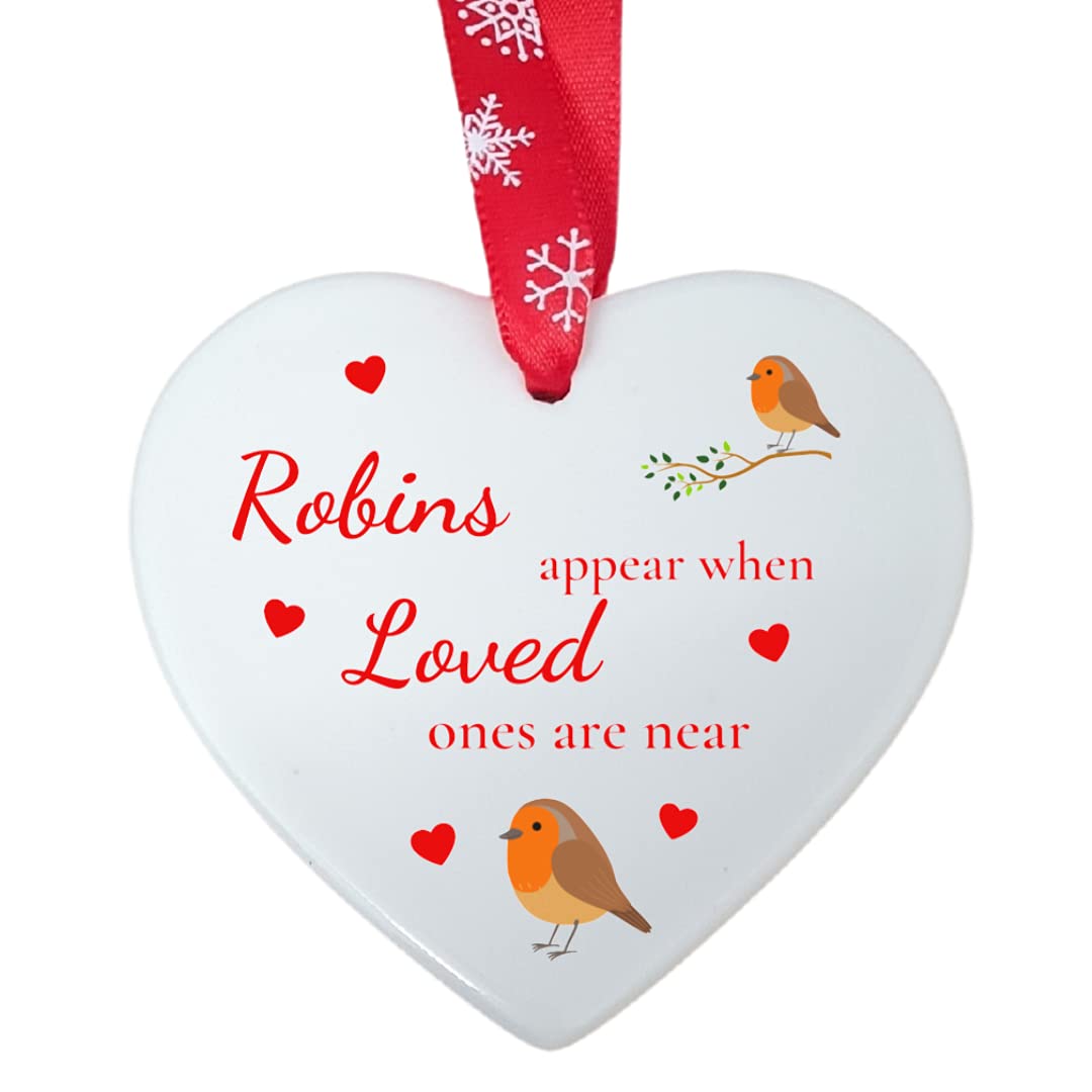 Second Ave Gift Company White,Red Second Ave Robins Appear When Loved Ones Are Near White Ceramic Hanging Heart Christmas Xmas Tree Decoration Bauble