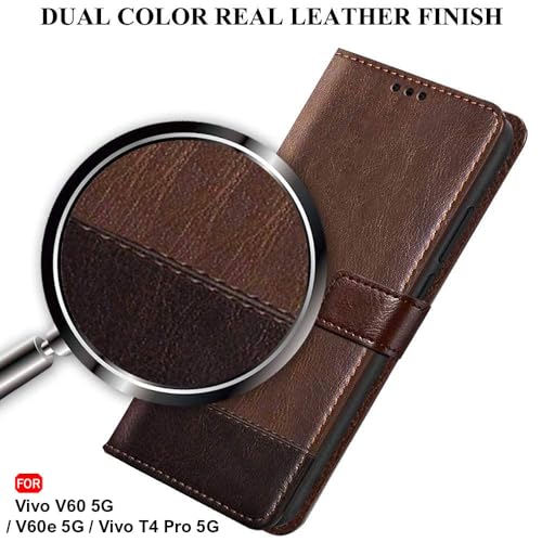 Image of TheGiftKart Flip Back Cover Case for Vivo V60 5G / V60e 5G / Vivo T4 Pro 5G | Dual-Color Leather Finish | Inbuilt Stand & Pockets | Wallet Style Flip Back Case Cover (Faux Leather, Brown & Coffee)