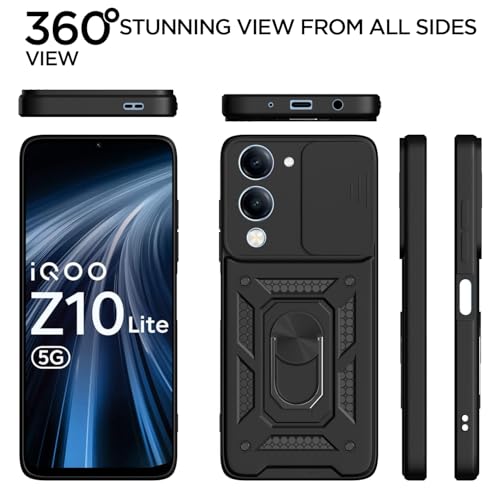 Image of Pikkme Back Cover for iQOO Z10 lite 5G / Vivo T4 lite 5G / Y19 5G / Y19e / Y04 4G / Y29s 5G | Sliding Camera Shield with Ring Stand | D10 Tough Armor Full Camera Protection Bumper Case (Black)