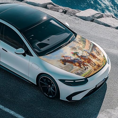 Image of Car Hood Cover for Cars Horse Racing Print Auto Exterior Accessories Stretchable Dustproof Auto Engine Cover Easy to Install All-Season Protection