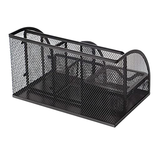 Image of Metal Wire Mesh 6 Compartment Desk Organizer Pencil Holder with Drawer Desk Tidy Stationary Holder