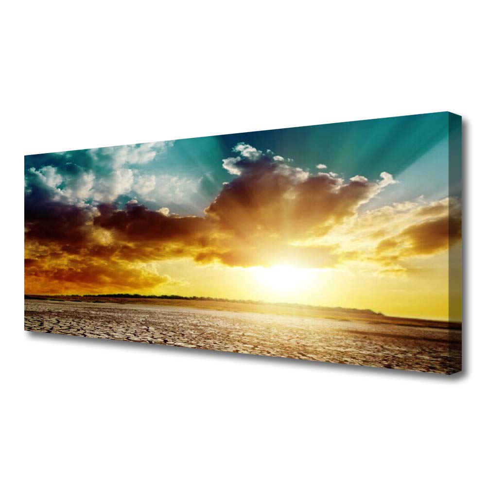 Paysage désert et soleil sous les nuages sur une grande toile moderne de 125x50 cm