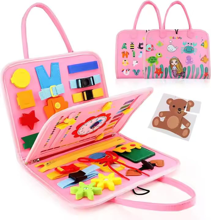 Image of Busy Board Game for 1 Year Old, Montessori Toys for 2 Year Old, Baby Travel Sensory Toys for Toddlers, Learning Activities Book For Kids, Birthday Gifts for Toddler (Multicolor - Pink)