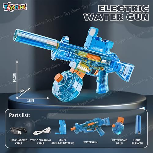 Image of Toyshine Transparent UMP45 Submachine Design Electric Automatic Water Gun Toy with Light, Powerful Rechargeable Squirt Holi Water Toy Gun Outdoor Play Kids Girls Boys 4+, Blue