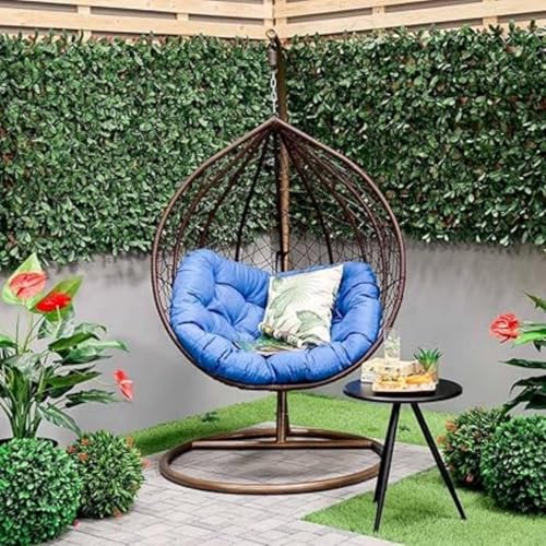 Image of HUMAIRA OUTDOOR FURNITURE Single Seater Swing Chair with Stand & Cushion Outdoor Indoor Balcony Garden Patio,Powder Coated Frame,UV Protected Wicker,Cushion (Swing-Brown /Cushion-Blue)