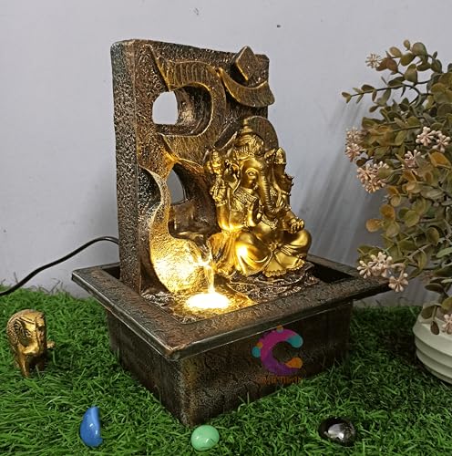 Image of Decorative Water Fountain for Home Decor, Office, Indoor & Outdoor, Garden, Puja Room, Vaastu, Reception, Spa, Gifting. (Gold Ganesh Jr UR-051) with Golden LED