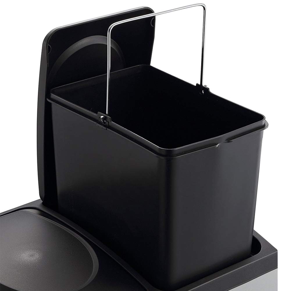 BAKAJI Cubo de basura de reciclaje de acero inoxidable y plástico con compartimentos, contenedor de basura extraíble con apertura a pedal, para casa, cocina y exterior (30 litros)