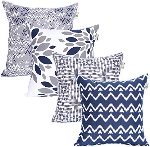 ACCENTHOME Pack of 4 | Printed Soft Decorative Square Throw Pillow Covers Cushion Cover Pillowcases | Home Decorations for Sofa, Couch, Bedroom | Indoor & Outdoor Cushion Covers | 18"x18" in Grey-Navy