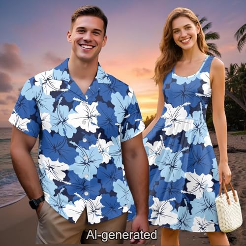 Image of Dreaweet Summer Dresses for Women A-Line Sleeveless Flowy Sun Dresses,Men's Casual Button-Down Shirts,Couple Matching Outfits