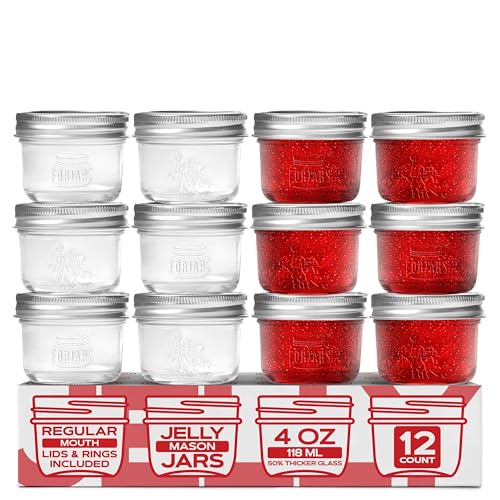 FORJARS Premium Mason Jars with Lids 4oz | Regular Mouth Canning Jars | 12-Pack Glass Jars for Jam Jelly Honey Spices Desserts Sauces Food Storage Freezer Safe Airtight Bulk Set