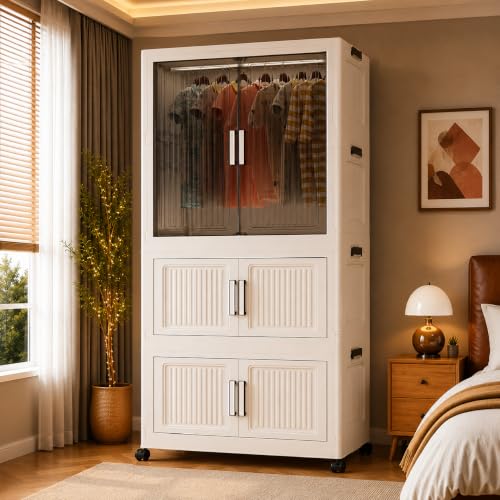 Image of LERIMO Plastic Wardrobe for Clothes | Portable Foldable Almirah for Bedroom | Kids & Baby Clothes Storage | Collapsible Plastic Storage Cabinet | Wardrobe for Bedroom Clothes (White-712, 3 Layer)