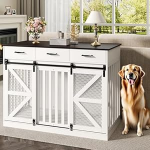 Spacesea Large Dog Crate Furniture with Sliding Barn Door, 48″ Wooden Dog Kennel Indoor End Side Table for Home Decor, Removable Divider, 3 Drawers, Furniture Style Dog Crate TV Stand
