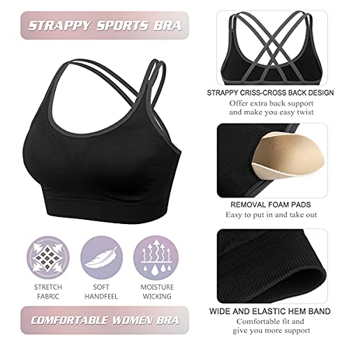 Image of VEQKING Strappy Cross Back Sports Bra for Women Removable Padded Yoga Bras | Multipack, Medium Support, Comfortable Seamless Wireless Design, Breathable Moisture-Wicking Fabric, Workout, Gym, Pilates