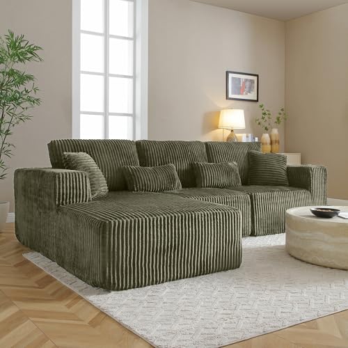 Image of L Shaped Modular Boneless Sectional Couches for Living Room, Wide Armrest, Deep Seat, Memory Foam, Assembly Free, Modern Comfy Corduroy Fluffy Cloud Sofa with Left Chaise, Green