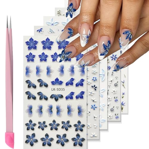 Flower Nail Art Stickers 5D Embossed Flower Nail Decals Spring Su...