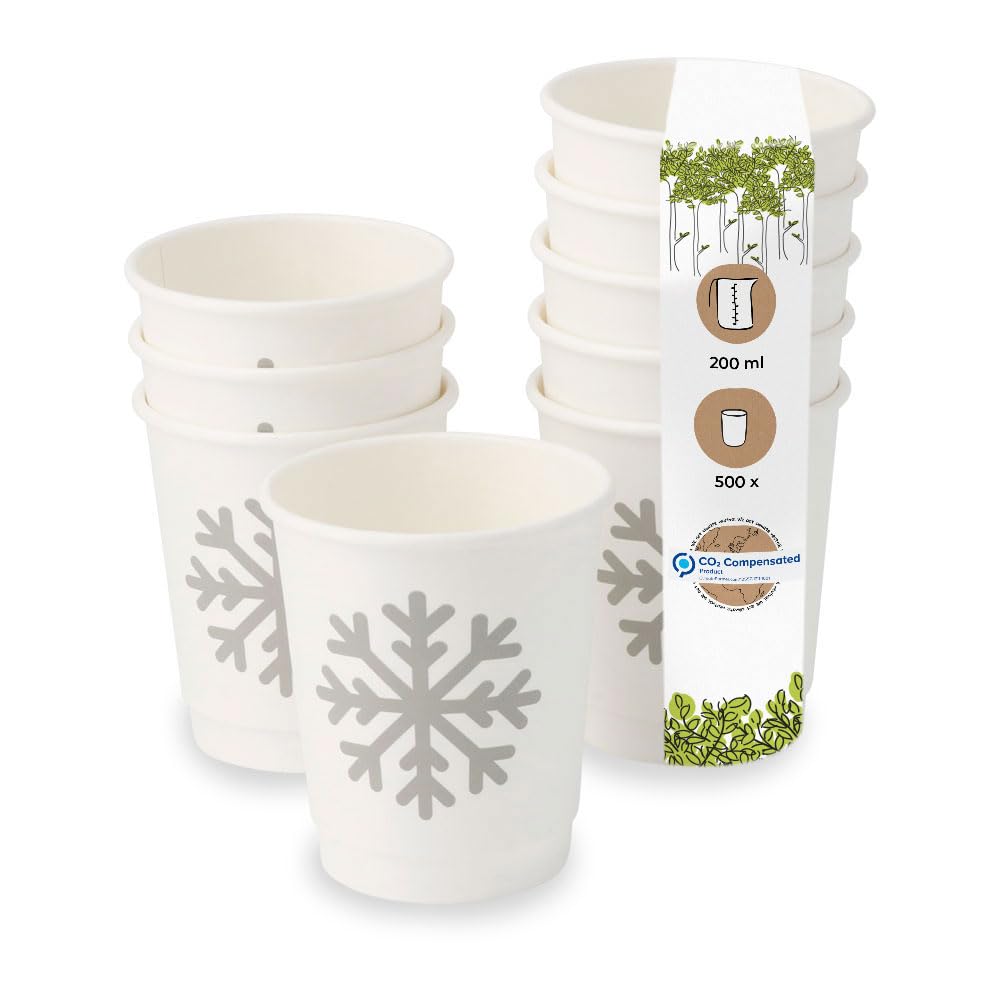 BIOZOYG 500 gobelets de 200 ml à double paroi 'Flocons de neige' d'hiver pour café à emporter biodégradables à usage unique. Gobelets à double paroi en carton blanchi sans chlore pour le auv vin chaud