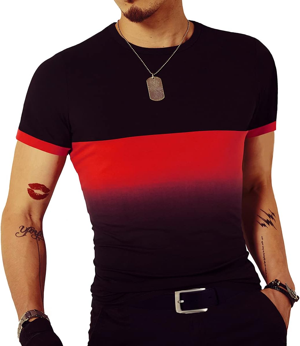 LOGEEYAR Mens Slim Fit T-Shirt Contrast Color Tee Gradient Stitching Short-Sleeve Cotton Tops - Image 2