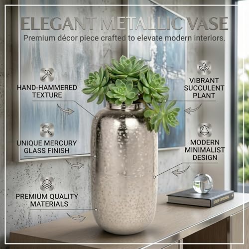 Image of INDIAN DECORMART Flower Vase | Flower Pots for Home Decor, Living Room, Bedroom, Office, Gifting, Colour Silver (IDM22241 | 18x18x34 CM)