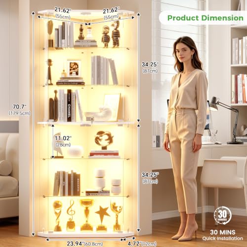 HNEBC Corner Glass Display Cabinet with LED Lighted for Collectible, White - image 2