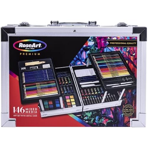 RoseArt Premium 146 Piece Art Set, Fold-out Metal Artist Case & Drawing Kit with Color Pencils, Oil Pastels, Acrylic Paints, Watercolor Cakes, Sketch Pencils,Multicolor