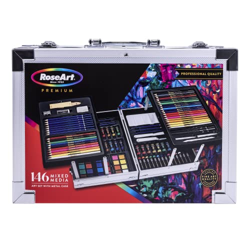 Roseart Premium 146 Piece Art Set, Fold-Out Metal Artist Case & Drawing Kit With Color Pencils, Oil Pastels, Acrylic Paints, Watercolor Cakes, Sketch Pencils,Multicolor #TOP27