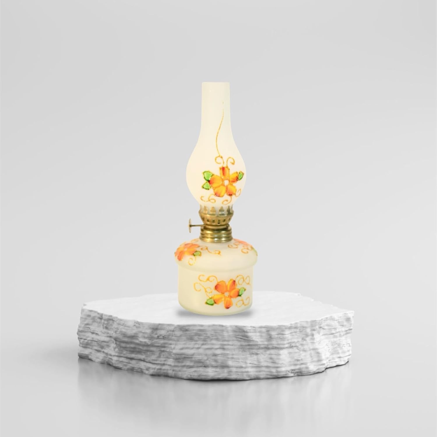 Hand Blown Glass Oil Lamp Orange Flowers Hand Painted Opaque Finish 9" Tall (Orange Flowers)
