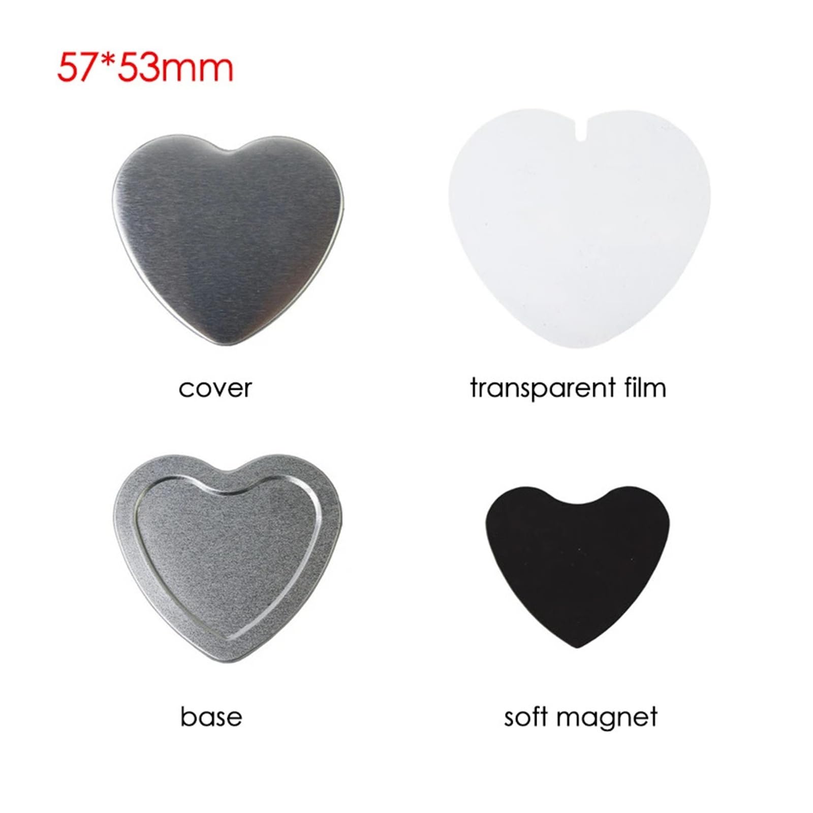 100 sztuk 57x53mm miękki magnes lodówka przycisk odznaka materiały do ​​rękodzieła DIY serce metalowe puste części wydajnie
