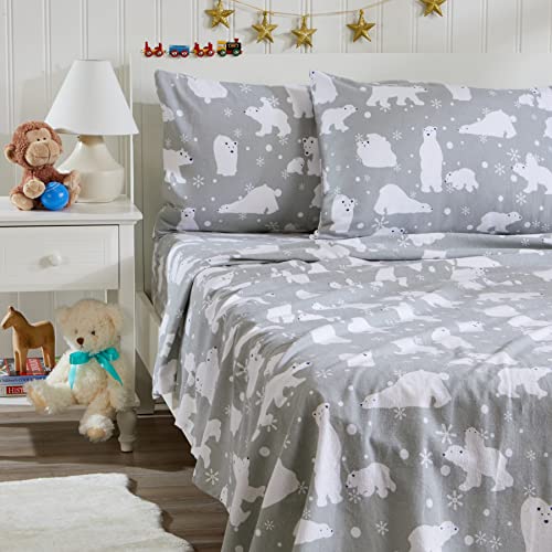 100% Turkish Cotton Queen Holiday Flannel Sheet Set | Deep Pocket Fitted Sheet, Soft Sheets | Warm Bed Sheets | Pre-Shrunk & Anti-Pill Flannel Sheets (Queen, Grey Polar Bears) #TOP10