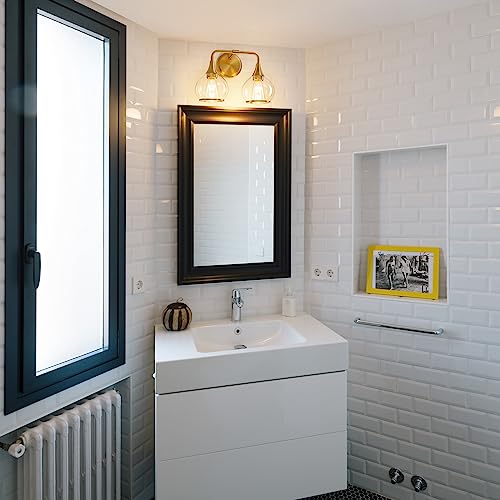 Image of Gold Bathroom Light Fixtures 2-Lights Vanity Lights with Clear Glass Shade Bathroom Vanity Light 14 Inch Wall Sconces(Exclude E26 Bulb)