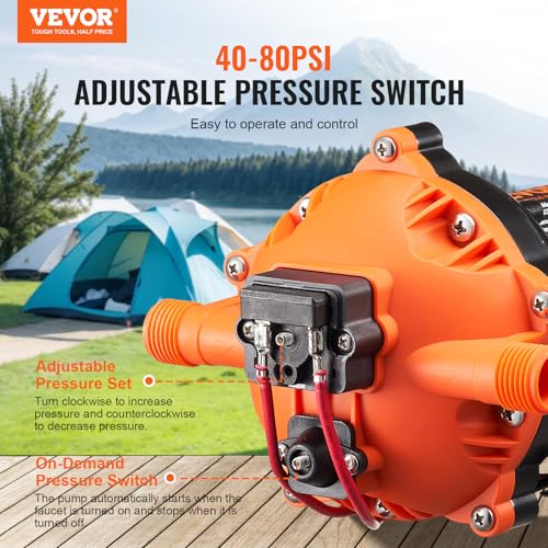 VEVOR 12-V-Membranpumpe, 18,93 L/min, 5-Kammer-DC-Wasserpumpe mit automatischem Druckschalter 40–100 PSI einstellbar, 70 PSI, 1/2 Zoll MNPT-Anschluss, für Wohnmobil, Yacht, Imbisswagen, Camper, Marine